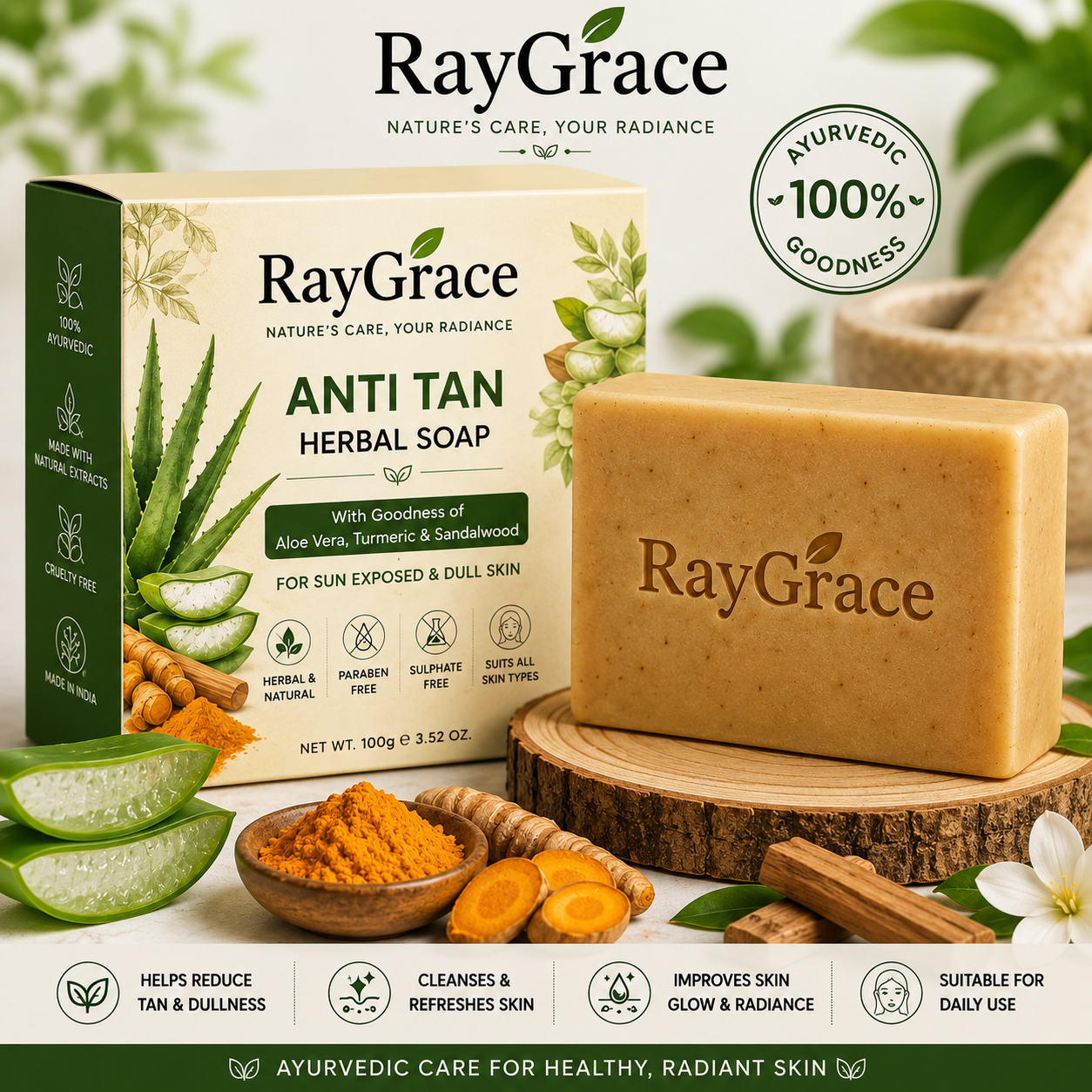 RayGrace Anti Tan Herbal Soap 100g – Ayurvedic Soap with Aloe Vera, Turmeric & Sandalwood for Glowing Skin